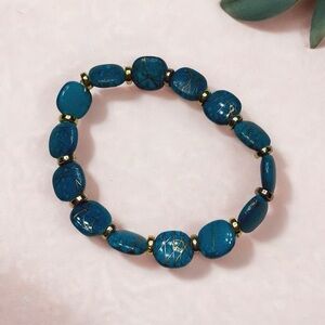 Hand Crafted Teal Blue Stone Stretch Bracelet with Gold Accents